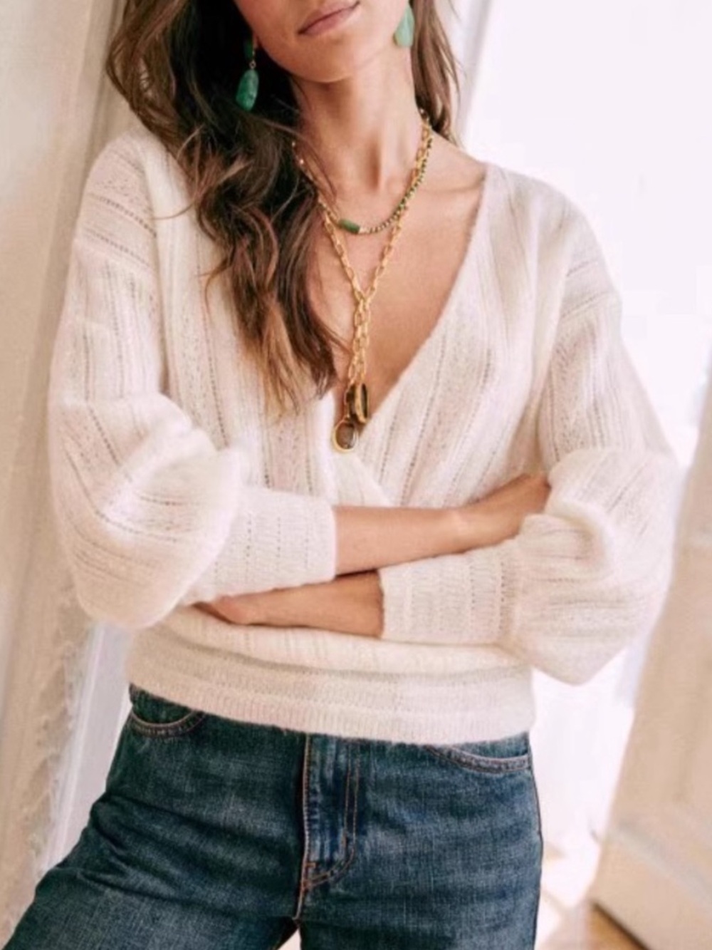 SEZANE Ecru Cream Mohair Wool Reversible V Neck Pointelle Knit Cristina Sweater - Picture 9 of 17